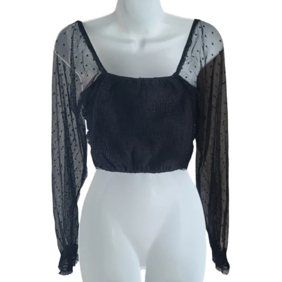 Black Sheer Ruched Crop Top Sz Medium Disco Club Sexy Festival Club Date Night - Picture 2 of 6